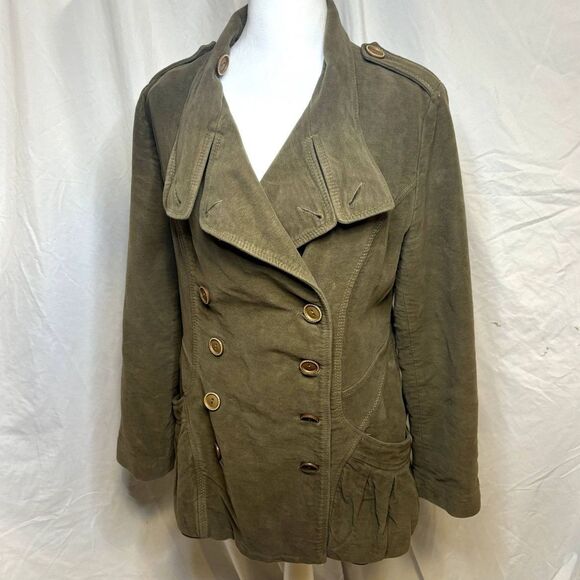 Yuvita Vintage Olive Green Soft Womens Pea Coat Blazer Jacket Collared Button Up - Picture 1 of 8